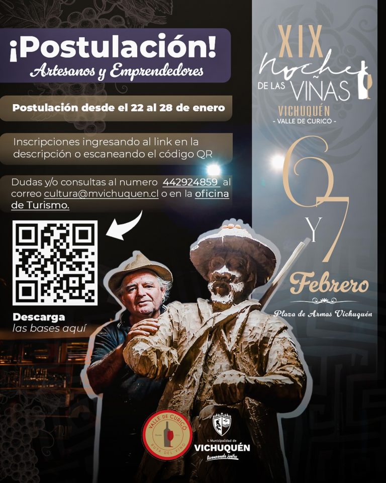 Te invitamos a ser parte de la XIX Noche de las Viñas, que se celebrará los días 6 y 7 de febrero en la Plaza de Armas de Vichuquén.